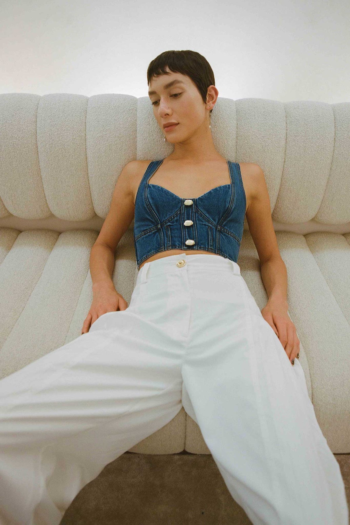 Women Elena Denim Cropped Bustier | Aje