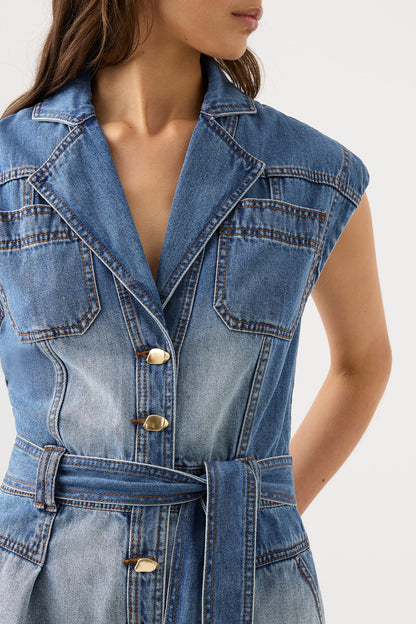 Women Ines Panelled Denim Playsuit | Aje